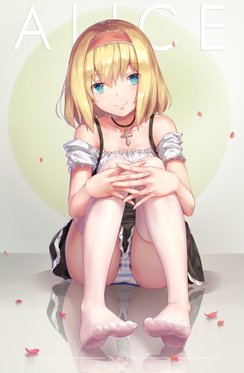 1girl absurdres alice_margatroid ass bare_shoulders barefoot black_skirt blonde_hair blue_eyes blue_panties character_name collarbone commentary_request cross cross_necklace eyebrows_visible_through_hair floor full_body hairband head_tilt hei_huo_chong highres interlocked_fingers jewelry looking_at_viewer necklace off-shoulder_shirt off_shoulder panties pantyshot pantyshot_(sitting) petals red_hairband reflection shirt short_hair short_sleeves sitting skirt smile solo striped striped_panties thigh-highs touhou underwear white_legwear white_panties white_shirt