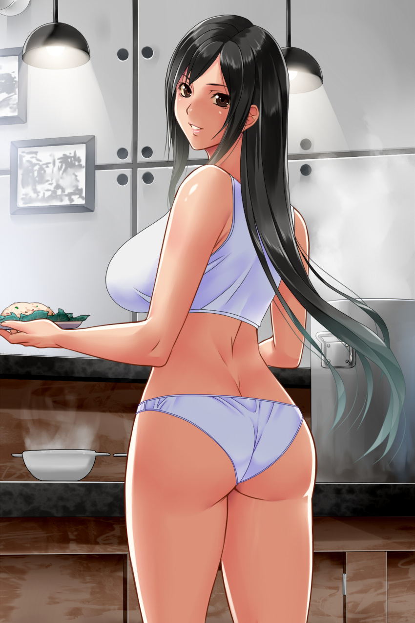 1girl ass back bangs bare_arms black_hair breasts brown_eyes butt_crack cooking counter cowboy_shot day eyelashes final_fantasy final_fantasy_vii fingernails food fried_rice from_behind highres holding holding_plate indoors kitchen lamp large_breasts long_fingernails long_hair looking_at_viewer looking_back original panties parted_lips picture_frame plate rice sidelocks smile solo sports_bra standing steam stove suuitchi teeth thighs tifa_lockhart twisted_neck underwear underwear_only wall white_panties