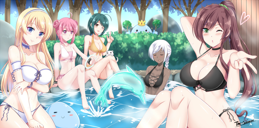 5girls ;d ;o =_= ahoge arm_at_side arm_behind_head arm_garter arm_up armpits artist_name bangs bare_arms bare_legs bare_shoulders barefoot bathing bikini black_bikini black_choker black_ribbon blonde_hair blue_eyes blue_ribbon blush blush_stickers braid breast_hold breasts brown_eyes brown_hair bush choker cleavage closed_eyes closed_mouth collarbone commission creature crown crystalline dark_skin day dolphin double_bun eyebrows_visible_through_hair frills front-tie_bikini front-tie_top green_eyes green_hair hairband hand_on_own_arm head_tilt heart knees_up large_breasts light_rays long_hair looking_at_viewer magic medium_breasts multiple_girls neck_garter one_eye_closed onsen open_mouth orange_bikini orange_ribbon outdoors outstretched_arm partially_submerged peeking_out pink_bikini pink_eyes pink_hair ribbon shiny shiny_hair side-tie_bikini sidelocks single_braid sitting small_breasts smile sparkle splashing steam strapless_bottom sunbeam sunlight swept_bangs swimsuit the-sinner tree two-tone_hairband v v-shaped_eyebrows water white_bikini white_hair