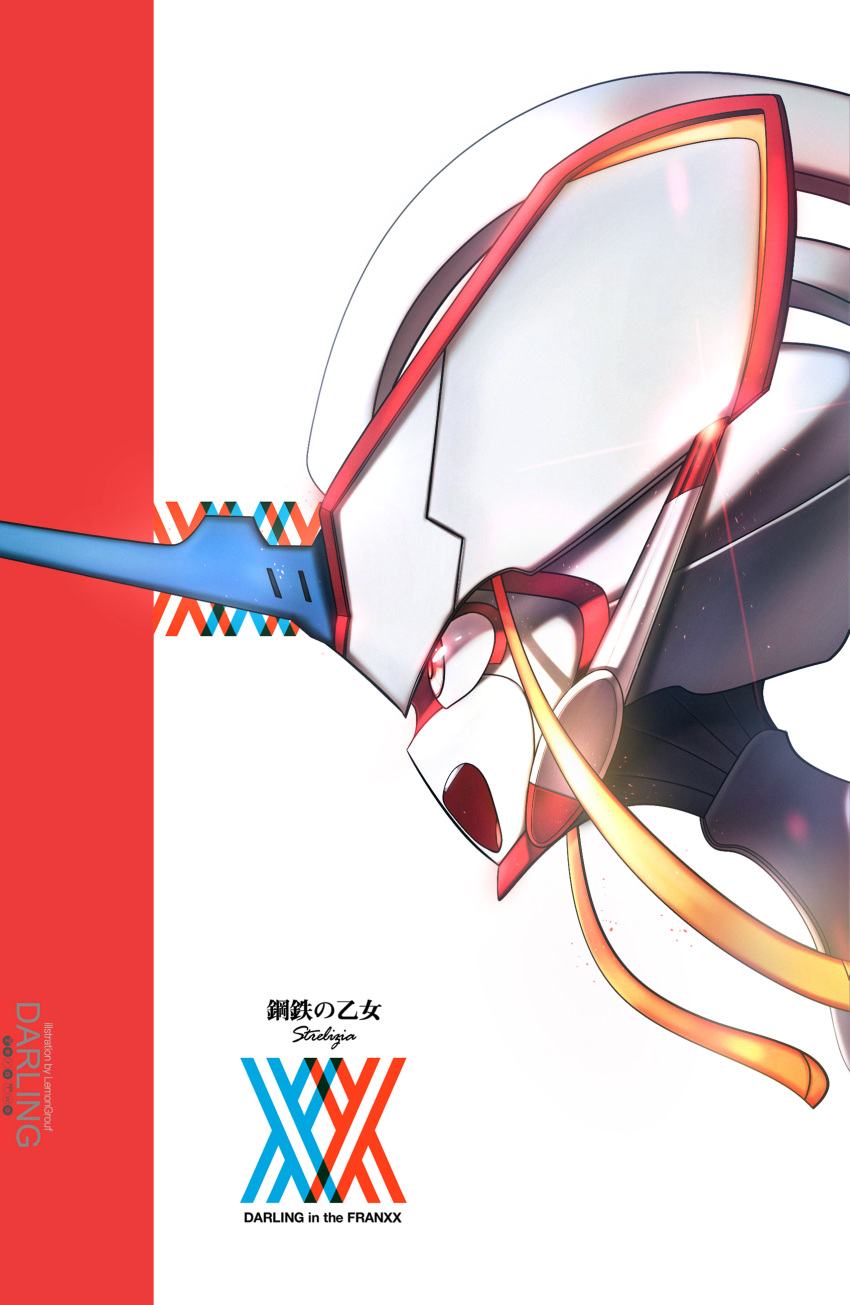 1girl :d absurdres character_name copyright_name darling_in_the_franxx from_side head highres horn mecha murasaki_saki open_mouth profile round_teeth sideways_mouth smile solo strelizia teeth
