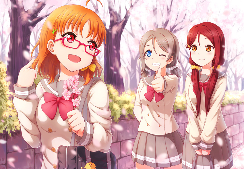 3girls alternate_hairstyle bag bespectacled blue_eyes bow branch brown_hair cherry_blossoms commentary_request double-breasted glasses grin hair_bow hair_ornament hair_scrunchie hairclip holding_branch love_live! love_live!_sunshine!! low_twintails multiple_girls one_eye_closed orange_hair pleated_skirt pointing pointing_at_self red_bow red_eyes redhead sakurauchi_riko school_bag school_uniform scrunchie serafuku short_twintails skirt smile spring_(season) takami_chika thumbs_up tree twintails uranohoshi_school_uniform watanabe_you yellow_bow yellow_eyes zi_long