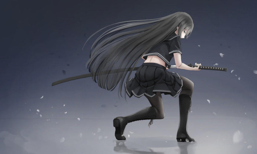 1girl black_eyes black_hair black_legwear black_serafuku drawing_sword fighting_stance from_behind gradient gradient_background highres katana kikivi long_hair looking_at_viewer looking_back original pantyhose petals pleated_skirt school_uniform serafuku skirt solo standing sword weapon