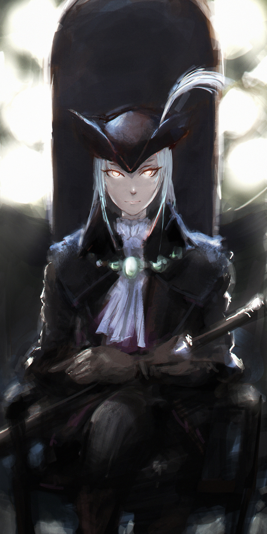 1girl absurdres bloodborne brown_gloves chair closed_mouth cravat gloves grey_hair hat hat_feather highres holding holding_sword holding_weapon lady_maria_of_the_astral_clocktower legs_crossed looking_at_viewer murasaki_saki sitting smile solo sword the_old_hunters tricorne weapon white_legwear yellow_eyes