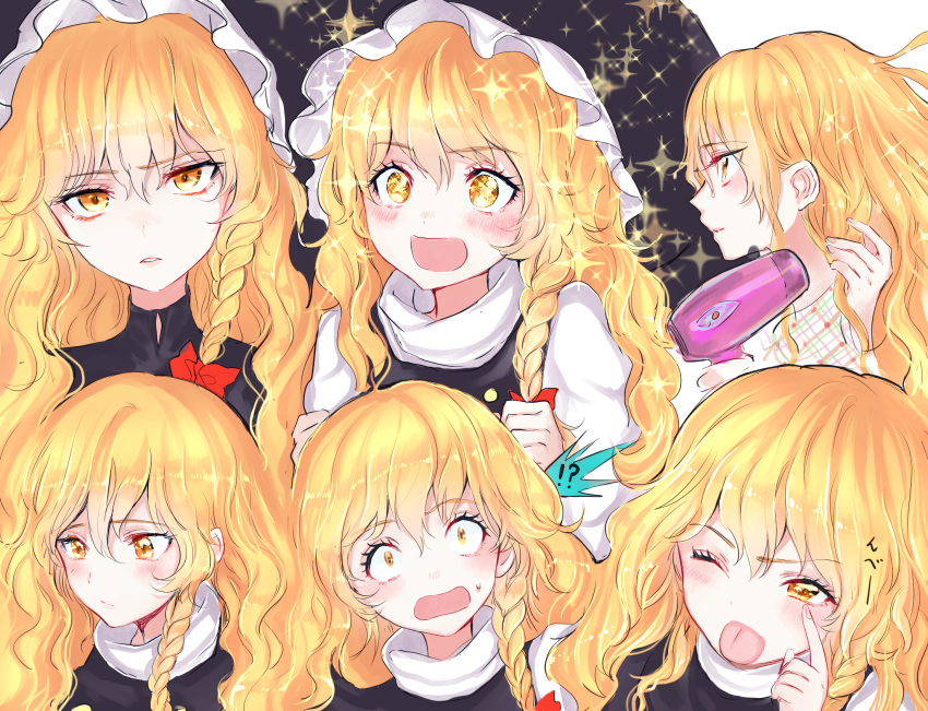 !? ;p black_hat blonde_hair blush bow braid commentary_request eyebrows_visible_through_hair hair_between_eyes hair_bow hair_dryer hat head_tilt highres kirisame_marisa long_hair looking_at_viewer one_eye_closed open_mouth parted_lips portrait profile red_bow rosette_(roze-ko) side_braid simple_background smile sparkle sweatdrop tongue tongue_out touhou turtleneck white_background witch_hat yellow_eyes