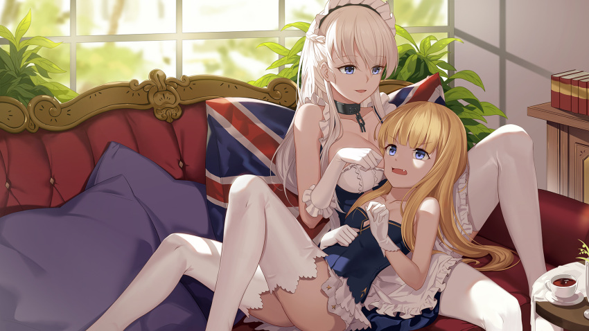 2girls apron azur_lane bangs bao_nuan belfast_(azur_lane) blonde_hair blue_eyes blush bow braid breasts chains cleavage collar collarbone couch cup day detached_sleeves dress eyebrows_visible_through_hair french_braid frilled_legwear frills gloves hair_bow hairband hand_on_own_stomach hands_up highres knee_up large_breasts long_hair looking_at_another lying lying_on_person maid maid_headdress multiple_girls open_mouth pantyhose pillow plant queen_elizabeth_(azur_lane) saucer silver_hair small_breasts smile table tea teacup thigh-highs thighs union_jack very_long_hair white_gloves white_legwear window