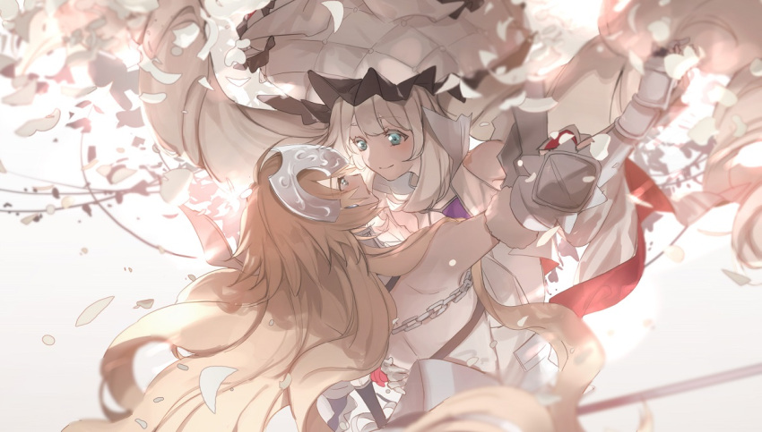 2girls aqua_eyes blush chains commentary_request face-to-face fate/grand_order fate_(series) gauntlets gloves hand_on_another's_back hat headpiece jeanne_d'arc_(fate) jeanne_d'arc_(fate)_(all) large_hat long_hair looking_at_another marie_antoinette_(fate/grand_order) multiple_girls no-kan petals shadow silver_hair smile very_long_hair white_gloves white_hat yuri