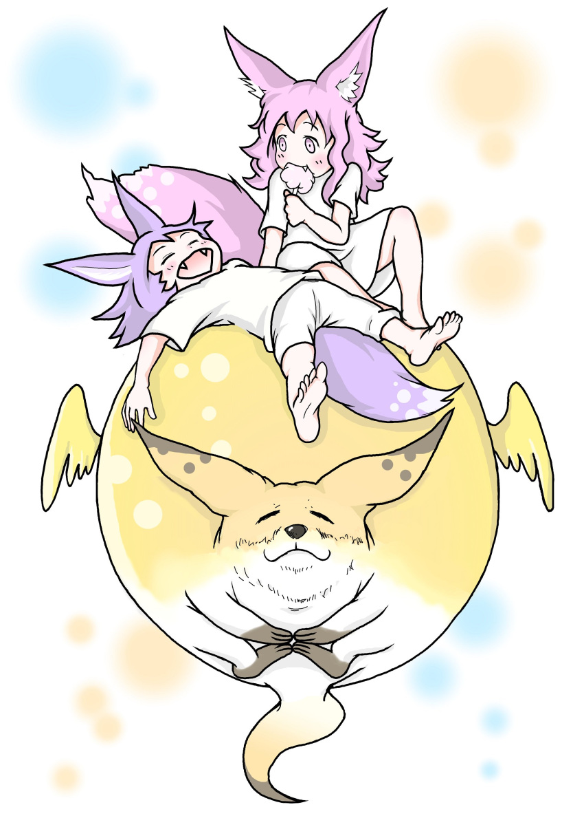 2girls 2others :d absurdres ambiguous_gender animal_ears barefoot blush closed_eyes closed_mouth commentary_request cotton_candy doitsuken eating fangs flying fox fox_ears fox_tail highres lying multiple_girls on_back open_mouth original pajamas pink_eyes pink_hair purple_hair sleeping smile tail