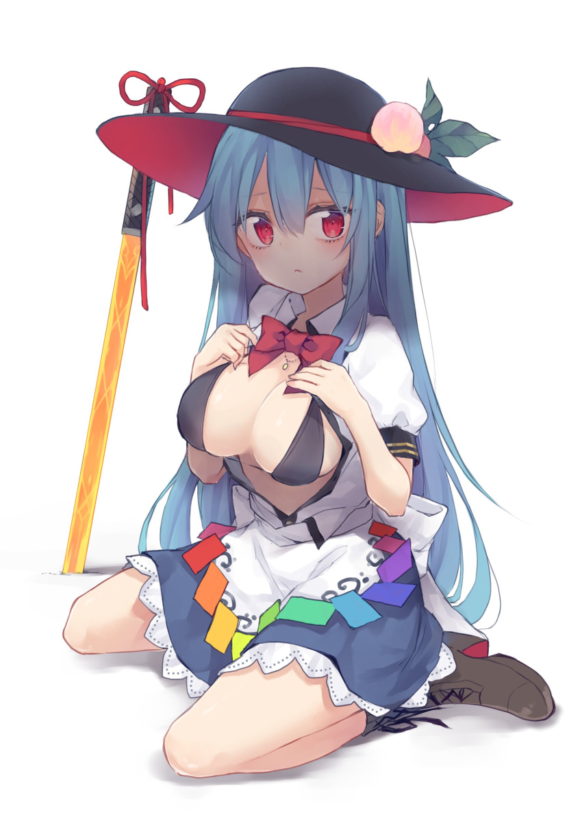 1girl absurdres bare_legs black_bikini_top blue_hair blue_skirt blush bow bowtie breasts breasts_outside brown_footwear cleavage closed_mouth collaboration collared_shirt colored commentary_request eyebrows_visible_through_hair food fruit full_body hair_between_eyes hands_on_own_chest hat highres hinanawi_tenshi jewelry large_breasts long_hair looking_at_viewer maturiuta_sorato miniskirt navel necklace open_clothes open_shirt peach puffy_short_sleeves puffy_sleeves red_eyes red_neckwear shiny shiny_hair shirt shoes short_sleeves sitting skirt solo string_bikini sword_of_hisou touhou toutenkou wariza wavy_mouth white_shirt wing_collar