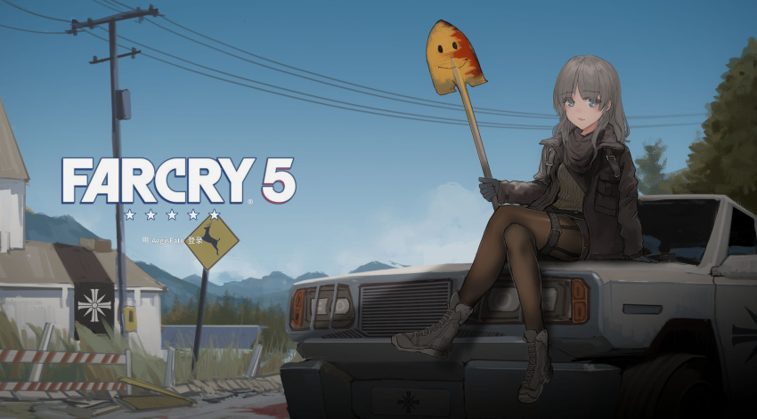 1girl absurdres aegisfate blood blue_eyes car commentary far_cry_5 green_hair ground_vehicle highres looking_at_viewer motor_vehicle shoes sky smile solo thigh-highs tree