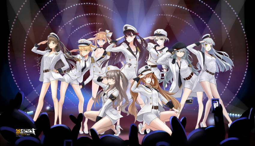 404_(girls_frontline) audience bon_bon_choi breasts brown_eyes brown_hair cleavage commentary fal_(girls_frontline) g11_(girls_frontline) girls_frontline green_eyes hat high_heels highres hk416_(girls_frontline) jacket k-2_(girls_frontline) long_hair looking_at_viewer military military_uniform pose red_eyes short_shorts shorts side_ponytail silver_hair smile stage stage_lights ump45_(girls_frontline) ump9_(girls_frontline) uniform vector_(girls_frontline) wa2000_(girls_frontline) welrod_mk2_(girls_frontline)