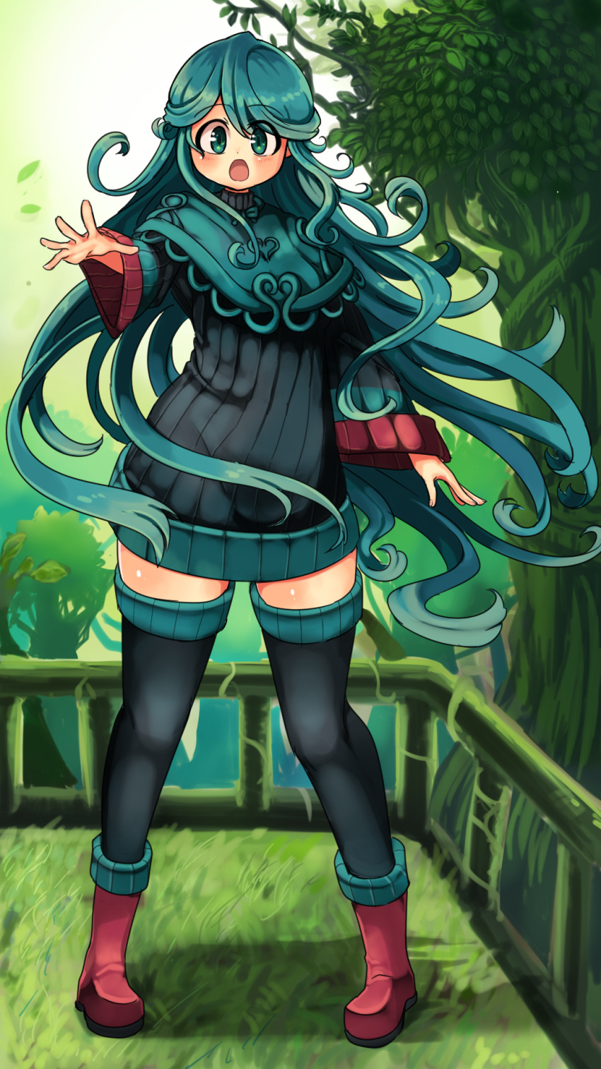 :o black_legwear blush boots borokuro day eyebrows_visible_through_hair full_body grass green_eyes green_hair highres leaf long_hair outdoors outstretched_hand personification pokemon railing red_footwear ribbed_sweater standing sweater tangrowth thigh-highs tree very_long_hair zettai_ryouiki