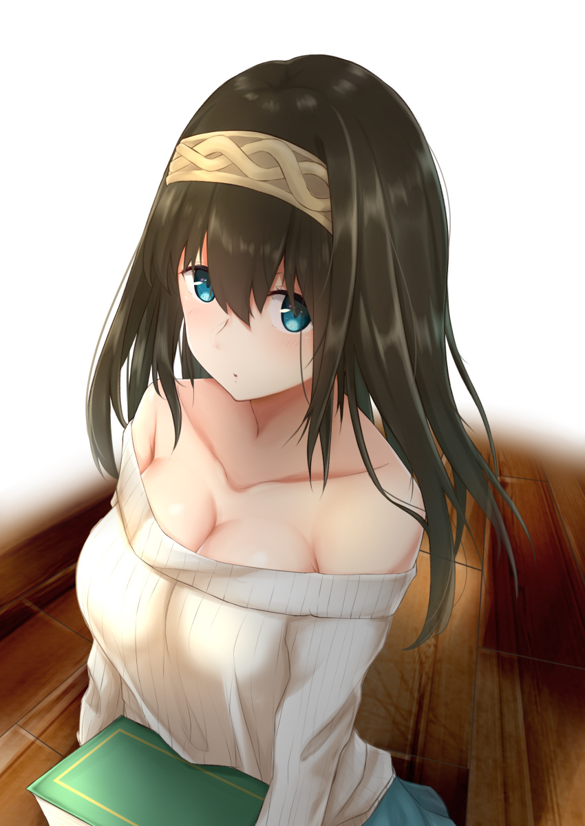 1girl absurdres artist_request bangs bare_shoulders beige_sweater black_hair black_skirt blue_eyes blush book breasts cleavage collarbone eyebrows_visible_through_hair hairband highres holding holding_book idolmaster idolmaster_cinderella_girls large_breasts long_hair looking_at_viewer off-shoulder_sweater open_mouth ribbed_sweater sagisawa_fumika simple_background skirt solo sweater white_background wooden_floor