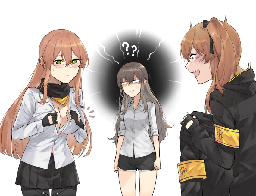 3girls ?? alternate_costume anger_vein armband bangs black_gloves black_legwear black_ribbon black_shorts blush bra breast_envy breasts brown_eyes brown_hair buttoning cleavage closed_mouth collared_shirt cosplay embarrassed eyebrows_visible_through_hair fingerless_gloves girls_frontline gloves green_eyes hair_between_eyes hair_ornament hair_ribbon hairclip highres holding holding_jacket hood hood_down hooded_jacket jacket large_breasts long_hair long_sleeves looking_at_another looking_down m1903_springfield_(girls_frontline) mimiyo multiple_girls one_side_up open_mouth pantyhose ribbon scar scar_across_eye scarf shaded_face shirt short_shorts shorts sidelocks simple_background sisters skirt sleeves_folded_up small_breasts smile sweatdrop thighs twins twintails ump45_(girls_frontline) ump45_(girls_frontline)_(cosplay) ump9_(girls_frontline) underwear white_background white_bra white_eyes white_shirt yellow_eyes