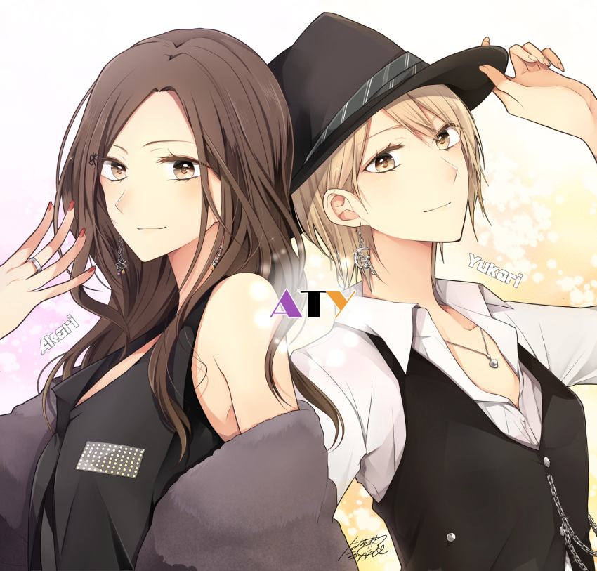 2girls back-to-back brown_hair character_name character_request commentary_request copyright_request earrings fedora haru_(haru2079) hat highres jewelry multiple_girls necktie niconico ring signature smile white_hair