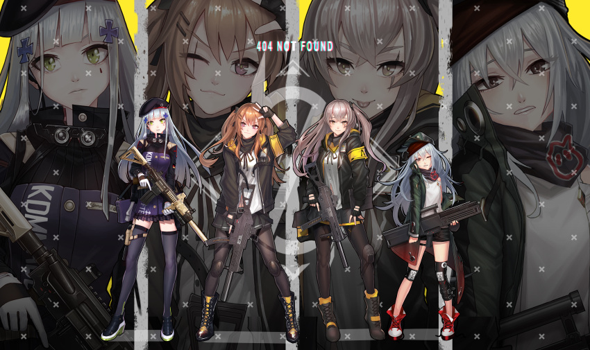 404 4girls ;) absurdres armband belt black_gloves black_hat black_legwear black_ribbon black_scarf black_shorts black_skirt black_sweater boots brown_eyes brown_hair cardigan coat dlalsrl03131 dress_shirt facial_mark fingerless_gloves floating_hair g11_(girls_frontline) girls_frontline gloves green_coat green_eyes gun hair_between_eyes hair_ornament hat head_tilt highres hk416_(girls_frontline) holding holding_gun holding_weapon holster http_status_code knee_pads long_hair looking_at_viewer midriff miniskirt multiple_girls neck_ribbon one_eye_closed open_cardigan open_clothes open_coat pantyhose parted_lips pleated_skirt ribbon rifle scar scar_across_eye scarf shirt short_shorts shorts side_ponytail silver_hair skirt smile stomach sweater thigh-highs thigh_holster ump45_(girls_frontline) ump9_(girls_frontline) v very_long_hair weapon white_gloves white_shirt zettai_ryouiki zoom_layer