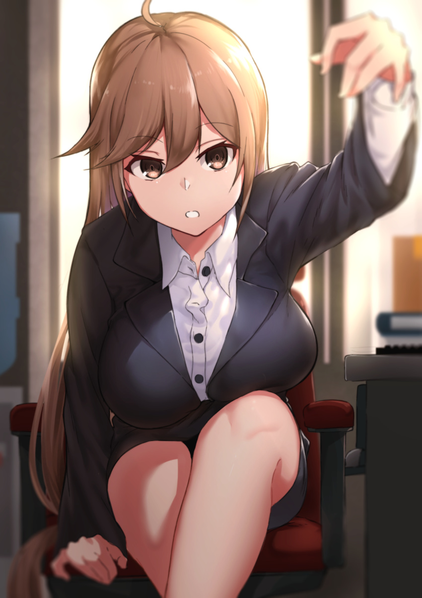 1girl ahoge arm_up bangs blurry breasts brown_eyes buttons chair collared_shirt commentary_request depth_of_field eyebrows_visible_through_hair feet_out_of_frame hair_between_eyes highres indoors jacket large_breasts leaning_forward light_brown_hair long_hair long_sleeves looking_at_viewer office_lady on_chair original parted_lips shirt sitting solo table white_shirt window wing_collar xiu_jiayihuizi