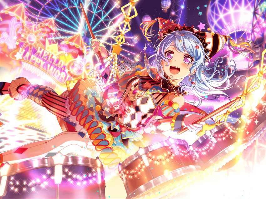 amusement_park bang_dream! blue_hair blush dress drum_set drumsticks happy hot_air_balloon jester_hat long_hair matsubara_kanon official_art purple_eyes