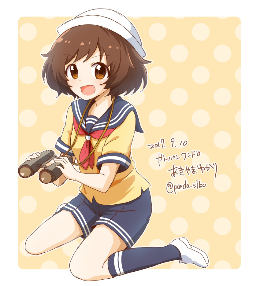 1girl :d absurdres akiyama_yukari alternate_costume bangs binoculars blouse brown_eyes brown_hair commentary dated dixie_cup_hat double_horizontal_stripe eyebrows_visible_through_hair full_body girls_und_panzer hat highres holding holding_binoculars loafers lying messy_hair military_hat navy_blue_legwear navy_blue_shorts neckerchief on_side open_mouth outside_border parda_siko polka_dot polka_dot_background print_legwear print_shorts red_neckwear rounded_corners sailor sailor_collar shoes short_hair shorts sitting smile solo translation_request twitter_username wariza white_footwear white_hat yellow_background yellow_blouse