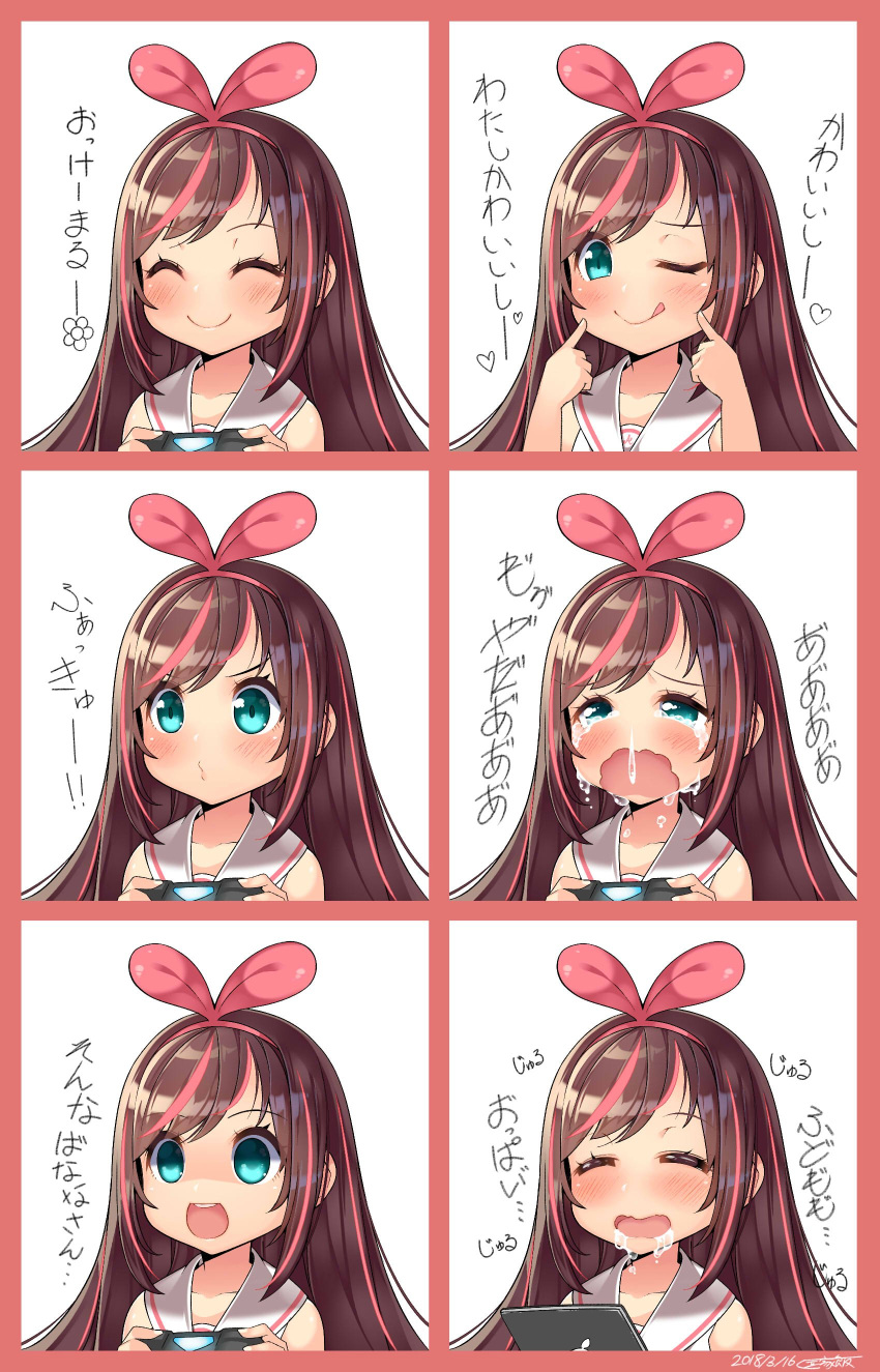 1girl :d ;p ^_^ a.i._channel absurdres angry blue_eyes blush bow brown_hair closed_eyes controller crying crying_with_eyes_open drooling finger_to_cheek game_controller hair_bow hairband highres holding_controller kizuna_ai kokka_han long_hair multicolored_hair one_eye_closed open_mouth pink_bow pink_hair smile solo streaked_hair tears tongue tongue_out translation_request upper_body