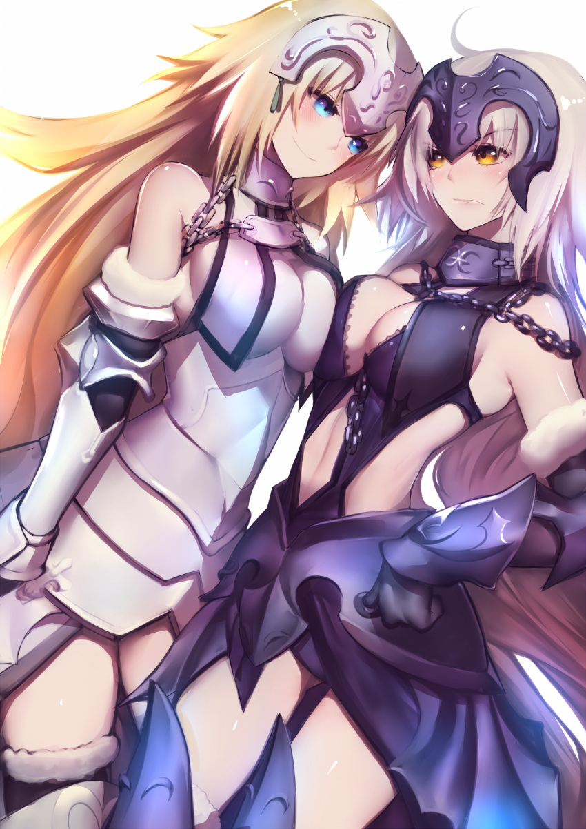 2girls armor armored_boots armored_dress black_dress black_gloves blonde_hair blue_eyes blue_footwear blush boots breast_press breasts chains cleavage cutout dress elbow_gloves eyes fate_(series) floating_hair food fruit fur_trim gloves hair_ornament highres jeanne_d'arc_(alter)_(fate) jeanne_d'arc_(fate) jeanne_d'arc_(fate)_(all) large_breasts long_hair looking_at_viewer multiple_girls navel_cutout orange rahato shiny shiny_skin silver_hair simple_background sleeveless sleeveless_dress smile standing symmetrical_docking thigh-highs thigh_boots very_long_hair white_background white_dress
