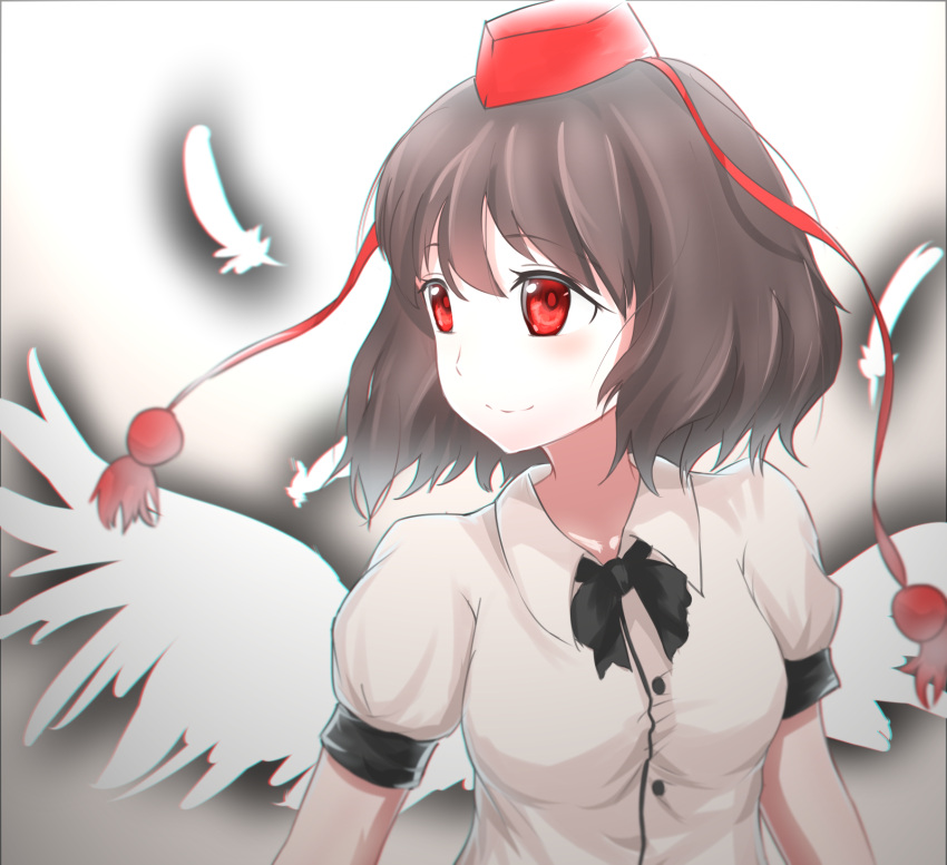 1girl bad_deviantart_id bad_id black_border border bow brown_hair chromatic_aberration disco_brando feathers hat highres looking_to_the_side outline puffy_short_sleeves puffy_sleeves red_eyes shameimaru_aya shirt short_hair short_sleeves smile solo tokin_hat touhou upper_body white_shirt wings