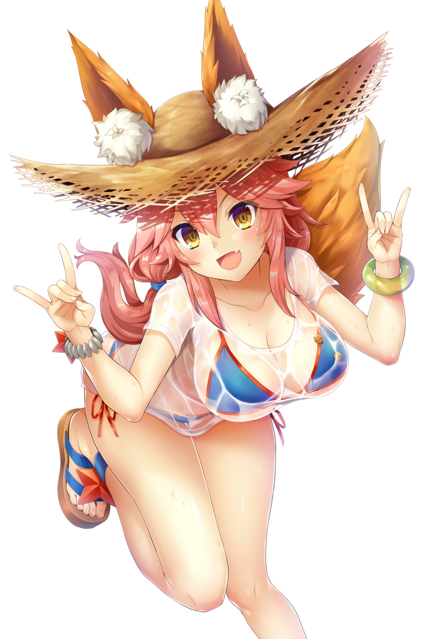 1girl :d absurdres animal_ears bikini blue_bikini blush bracelet breasts cleavage collarbone ears_through_headwear erect_nipples eyebrows_visible_through_hair fang fate/grand_order fate_(series) fingernails fox_ears fox_shadow_puppet fox_tail hair_between_eyes hat highres jewelry large_breasts long_hair looking_at_viewer open_mouth pink_hair samoore sandals see-through shirt short_sleeves side-tie_bikini simple_background smile solo straw_hat sun_hat swimsuit tail tamamo_(fate)_(all) tamamo_no_mae_(swimsuit_lancer)_(fate) wet wet_clothes wet_shirt white_background white_shirt yellow_eyes
