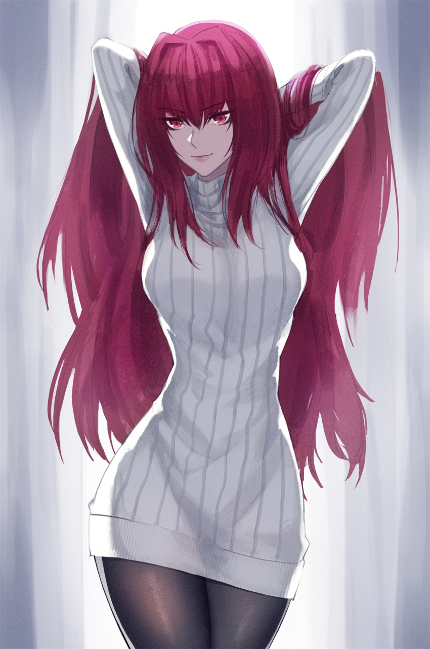 1girl alternate_costume arms_up bangs black_legwear breasts closed_mouth cowboy_shot curtains dress eyebrows_visible_through_hair fate/grand_order fate_(series) hands_in_hair head_tilt highres long_hair long_sleeves looking_at_viewer medium_breasts pantyhose purple_hair red-d scathach_(fate/grand_order) shiny shiny_clothes smile solo standing straight_hair striped sweater sweater_dress tsurime turtleneck turtleneck_sweater vertical_stripes very_long_hair violet_eyes white_dress white_sweater
