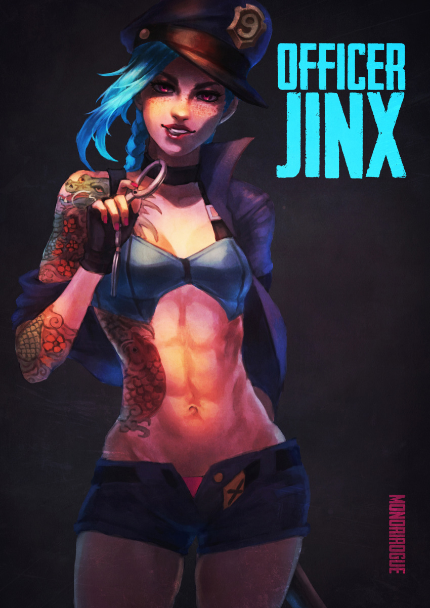 1girl abs absurdres alternate_costume arm_tattoo biting blue_bra blue_hair bra braid breasts character_name choker completion_time cuffs female_service_cap fingerless_gloves freckles gloves handcuffs highres jinx_(league_of_legends) league_of_legends lip_biting lips long_hair looking_at_viewer monori_rogue nail_polish navel nose open_fly panties pink_eyes pink_nails pink_panties police police_uniform policewoman short_shorts shorts sideways_hat small_breasts solo stomach tattoo toned twin_braids underwear uniform very_long_hair