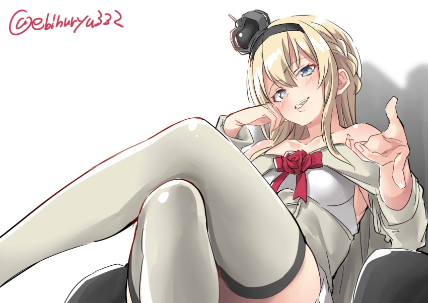 1girl blonde_hair blue_eyes braid crown dress ebifurya flower french_braid hairband jewelry kantai_collection legs_crossed long_hair long_sleeves looking_at_viewer mini_crown necklace off-shoulder_dress off_shoulder red_flower red_rose rose simple_background sitting solo thigh-highs twitter_username warspite_(kantai_collection) white_background white_dress white_legwear