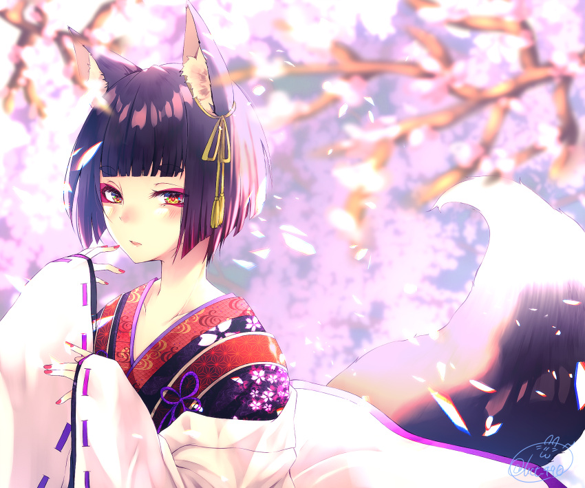 1girl animal_ears bangs black_hair blunt_bangs blurry blurry_background blush bob_cut cherry_blossoms chita_(ketchup) eyebrows_visible_through_hair eyelashes fingernails fox_ears fox_girl fox_tail hair_ribbon highres japanese_clothes kimono long_sleeves looking_at_viewer multicolored multicolored_eyes nail_polish original parted_lips red_nails ribbon ribbon-trimmed_sleeves ribbon_trim short_hair signature sleeves_past_wrists solo tail thick_eyebrows twitter_username upper_body wide_sleeves