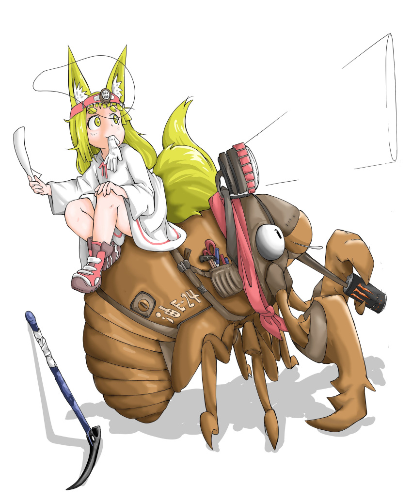 1girl absurdres animal animal_ears blonde_hair closed_mouth clothed_animal commentary_request doitsuken dress drinking fox_ears fox_tail from_side gloves headband headlight highres holding ice_pick long_hair monster_energy mouth_hold oversized_animal pouch scissors shoes sitting smile socks solo tail white_dress