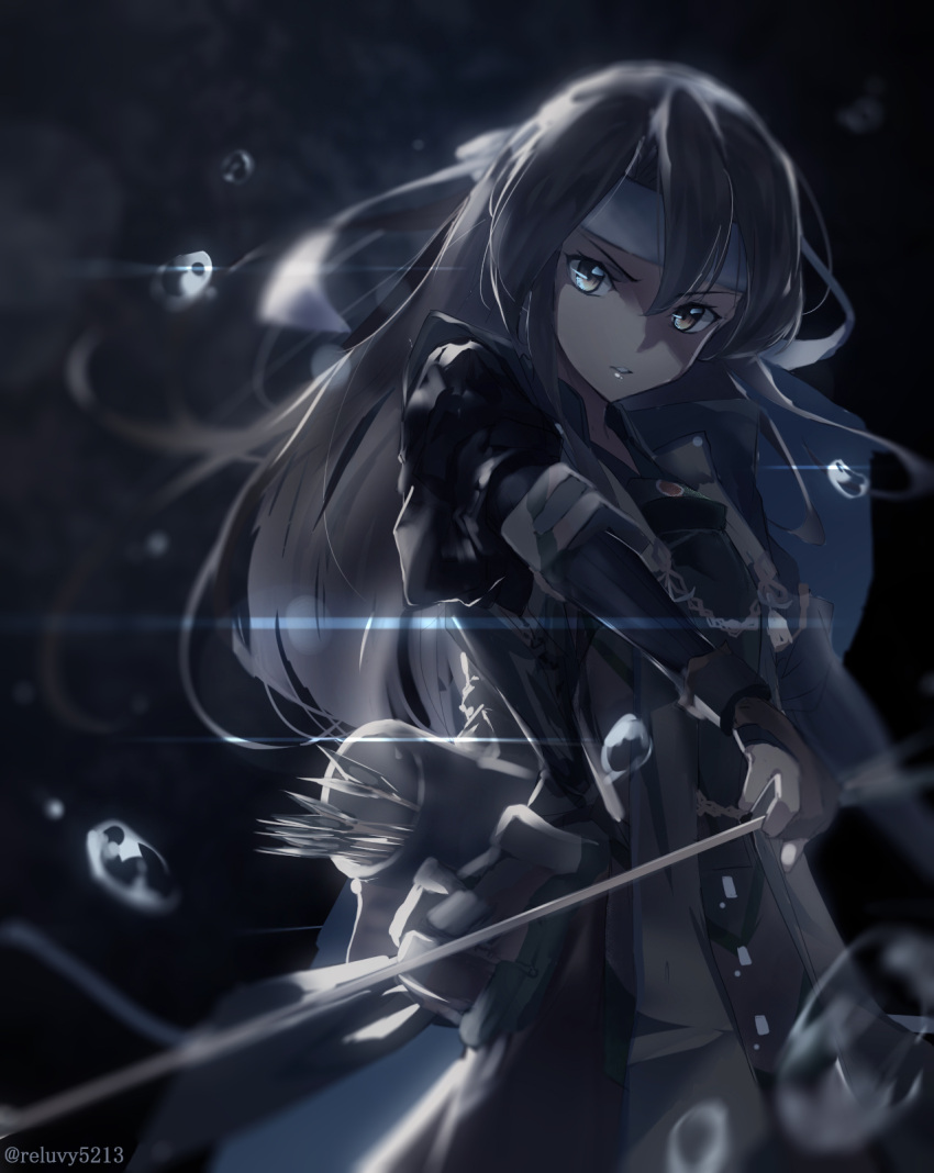 1girl arrow artist_name brown_hair cowboy_shot floating_hair grey_eyes headband highres holding holding_weapon kantai_collection long_hair looking_at_viewer parted_lips reluvy solo standing weapon zuikaku_(kantai_collection)