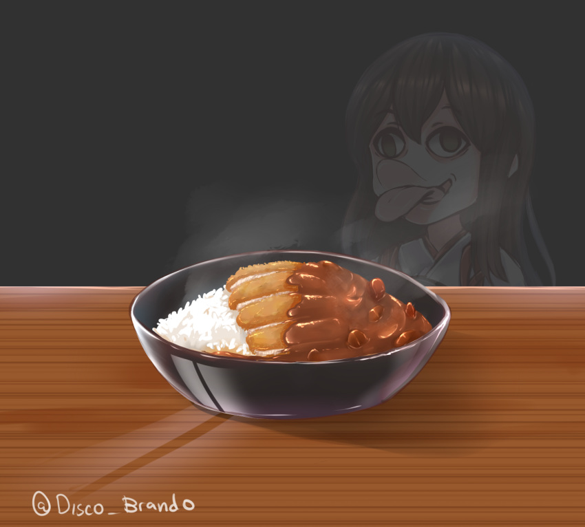 1girl afterimage akagi_(kantai_collection) brown_hair commentary curry curry_rice disco_brando english_commentary food green_eyes grey_background highres inset japanese_clothes kantai_collection long_tongue reflection rice solo steam strabismus table tongue tongue_out twitter_username