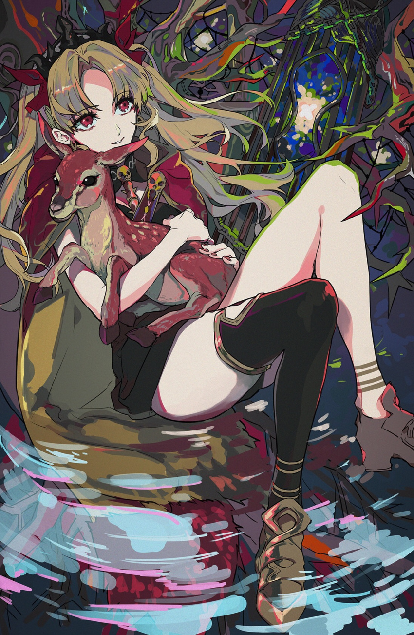 1girl animal asymmetrical_legwear bangs blonde_hair cape deer detached_collar earrings ebanoniwa ereshkigal_(fate/grand_order) fate/grand_order fate_(series) high_heels highres holding holding_animal jewelry long_hair nail_polish on_water parted_bangs red_cape red_eyes red_nails single_thighhigh skull smile thigh-highs two_side_up yellow_cape