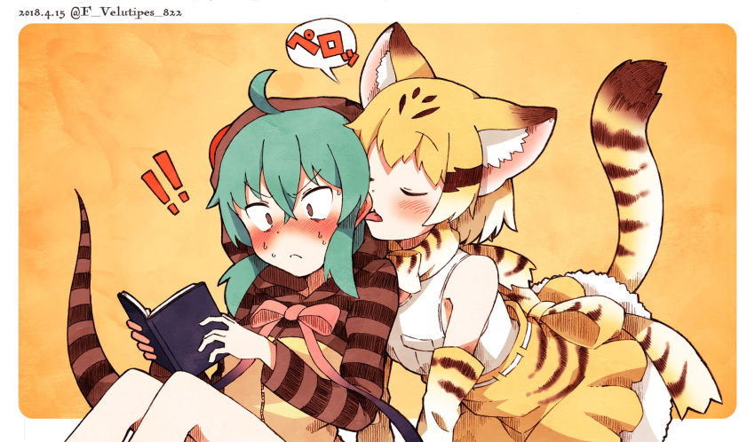!! 2girls animal_ears back_bow bare_legs bare_shoulders blonde_hair blue_hair blush book bow bowtie cat_ears cat_tail check_translation closed_eyes commentary_request elbow_gloves enk_0822 eyebrows_visible_through_hair full-face_blush gloves highres hood hoodie kemono_friends licking multicolored_hair multiple_girls neck_ribbon reading ribbon sand_cat_(kemono_friends) short_hair signature skirt snake_tail striped tail translation_request tsuchinoko_(kemono_friends) vest yuri