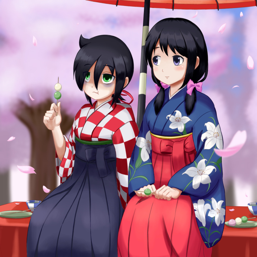 2girls blush dumpling food highres kuroki_tomoko multiple_girls parasol ribbon sitting tamura_yuri traditional_clothes umbrella watashi_ga_motenai_no_wa_dou_kangaetemo_omaera_ga_warui!