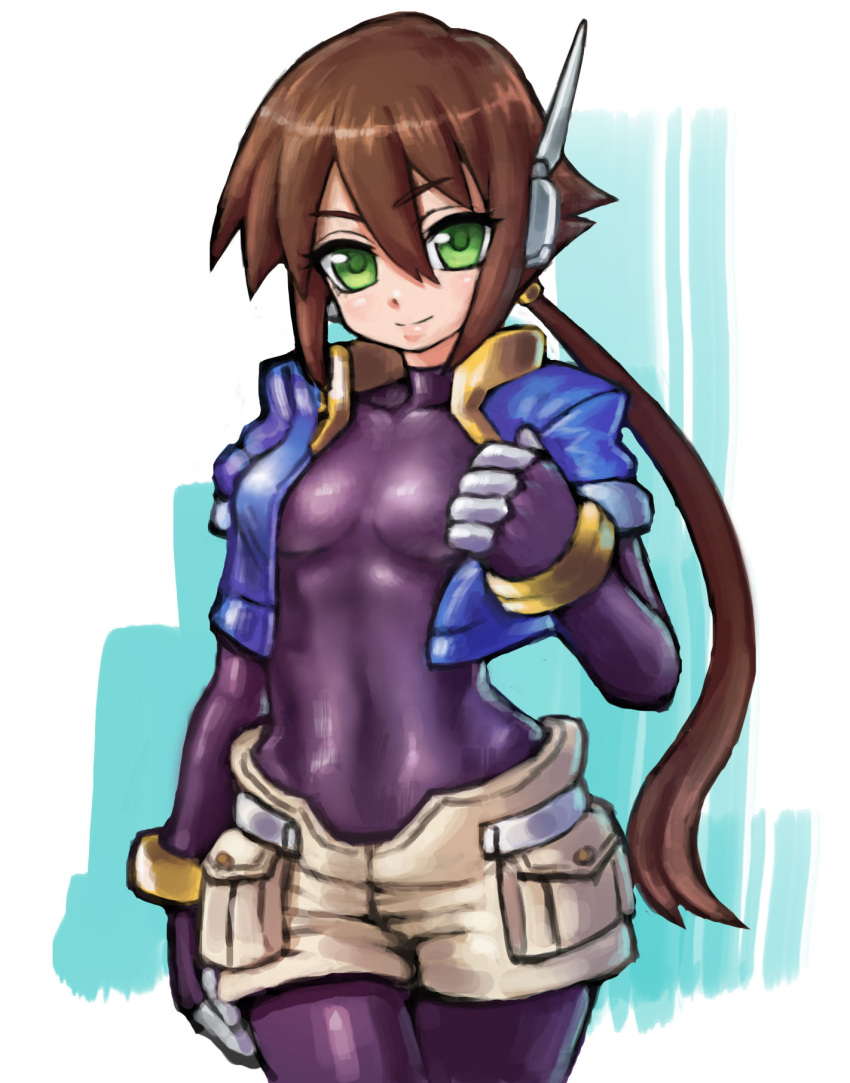 1girl aile bangs bodysuit bodysuit_under_clothes bracelet breasts brown_hair capcom covered_navel cropped_jacket drill_(emilio) eyebrows_visible_through_hair green_eyes hair_between_eyes highres inti_creates jewelry long_hair looking_at_viewer ponytail puffy_short_sleeves puffy_sleeves rockman rockman_zx rockman_zx_advent short_sleeves shorts sidelocks skin_tight small_breasts smile solo spandex tight white_shorts