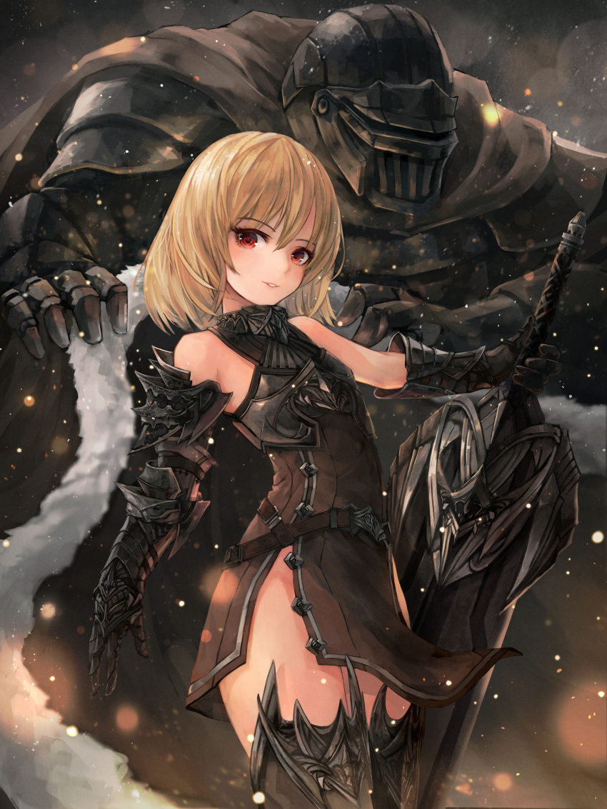 1girl absurdres armor armored_dress bangs belt blonde_hair blurry breastplate cape commentary cowboy_shot crystalherb depth_of_field english_commentary full_armor fur-trimmed_cape fur_trim gauntlets helmet highres holding holding_sword holding_weapon knight looking_at_viewer medium_hair original parted_lips red_eyes sleeveless standing sword weapon