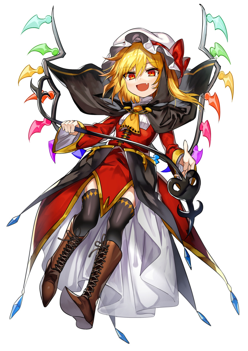1girl :d ascot black_capelet black_legwear blonde_hair boots bow brown_footwear capelet commentary_request crystal dress eyebrows_visible_through_hair fang flandre_scarlet full_body hair_between_eyes hat hat_bow highres holding laevatein long_sleeves looking_at_viewer manarou open_mouth red_bow red_dress red_eyes short_hair side_ponytail simple_background smile solo thigh-highs touhou white_background white_hat wide_sleeves wings yellow_neckwear zettai_ryouiki