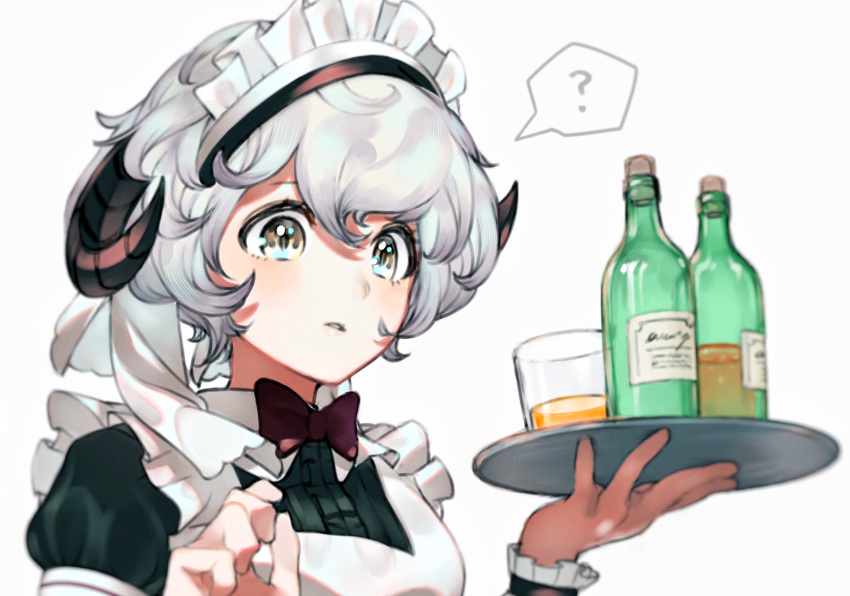 1girl ? alcohol apron arms_up bangs black_dress bottle bow bowtie dress glass grey_eyes grey_hair hair_between_eyes highres holding holding_tray horns long_sleeves maid maid_apron maid_dress maid_headdress original purple_bow purple_neckwear sheep_horns short_hair simple_background solo spoken_question_mark tray white_apron white_background yoshihiro12190