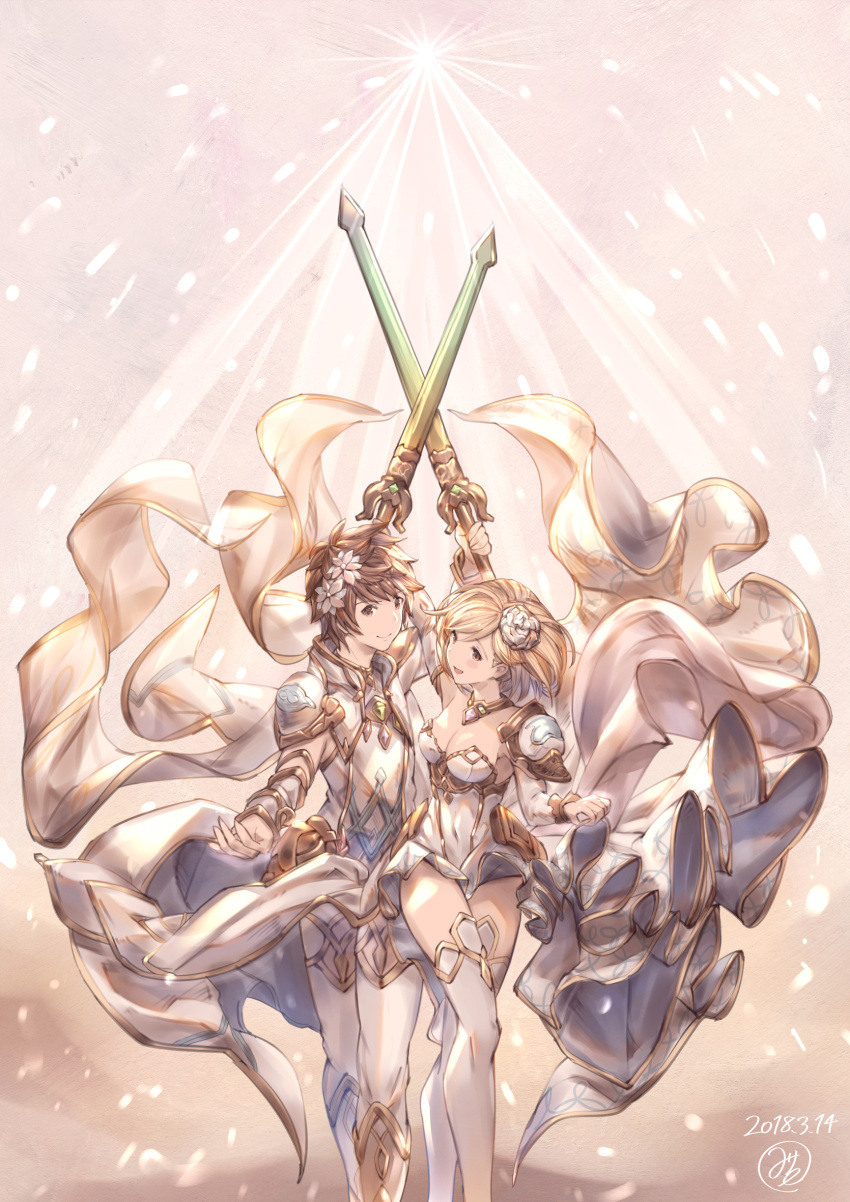 1boy 1girl 2018 :d arm_up blonde_hair brown_eyes choker covered_navel dated detached_sleeves djeeta_(granblue_fantasy) floating_hair flower gran_(granblue_fantasy) granblue_fantasy hair_flower hair_ornament highres holding holding_sword holding_weapon leotard milli_little open_mouth pants signature smile spaulders standing strapless strapless_leotard sword thigh-highs weapon white_flower white_legwear white_leotard white_pants