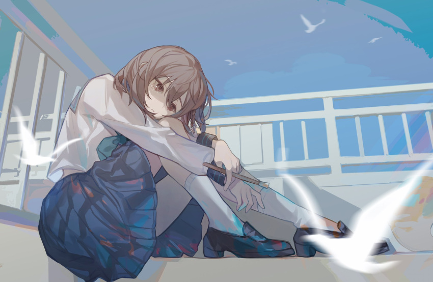 1girl aqua_neckerchief bird black_footwear blouse blue_skirt blue_sky blurry braid brown_eyes brown_hair clear_sky closed_mouth day depth_of_field dot_nose double_horizontal_stripe full_body hair_between_eyes hair_ribbon head_on_knee head_rest highres hisakawa_sora holding holding_paintbrush leaning_forward loafers long_sleeves looking_down motion_blur neckerchief outdoors paint_splatter paint_stains paintbrush palette_(object) pleated_skirt project_sekai puffy_long_sleeves puffy_sleeves railing ribbon sad sailor_collar school_uniform shinonome_ena shirt shoes short_hair sitting skirt sky socks solo tearing_up white_bird white_legwear white_ribbon white_shirt younger