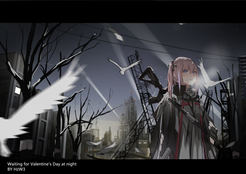 1girl absurdres ar-15 artist_name bangs bare_tree bird blue_eyes blush breath building cityscape crane dark_sky dress dusk eyebrows_visible_through_hair feathers fingerless_gloves girls_frontline gloves gun hair_ornament hands_in_pockets highres holding hzw3 jacket letterboxed lights looking_at_viewer multicolored_hair one_side_up open_mouth pink_hair pocket rifle scarf side_ponytail sidelocks snow snowing solo st_ar-15_(girls_frontline) strap streaked_hair text tree weapon weapon_on_back