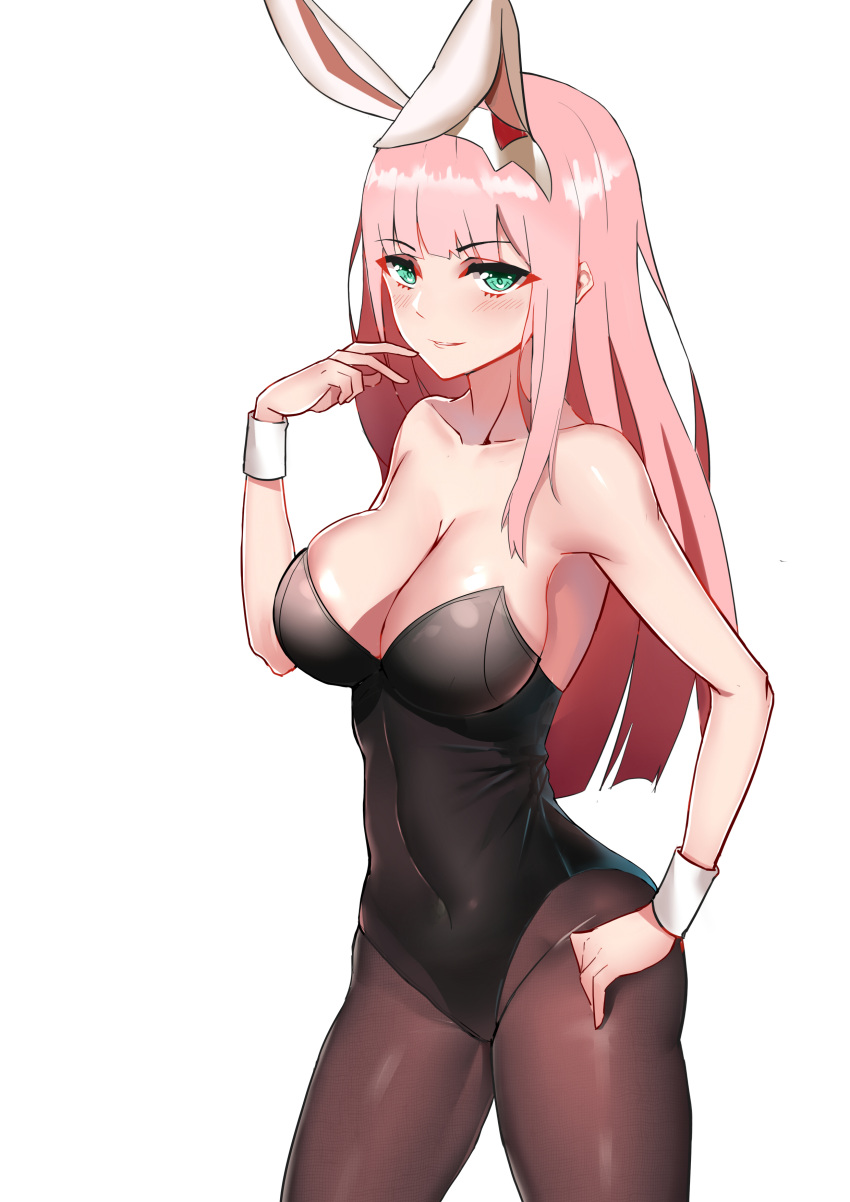 1girl absurdres animal_ears black_legwear black_leotard breasts bunny_girl bunnysuit cleavage cowboy_shot darling_in_the_franxx eyeshadow green_eyes hand_on_hip highres large_breasts leotard looking_at_viewer makeup pantyhose pink_hair rabbit_ears simple_background solo straight_hair strapless strapless_leotard tucao_xiansen white_background wrist_cuffs zero_two_(darling_in_the_franxx)