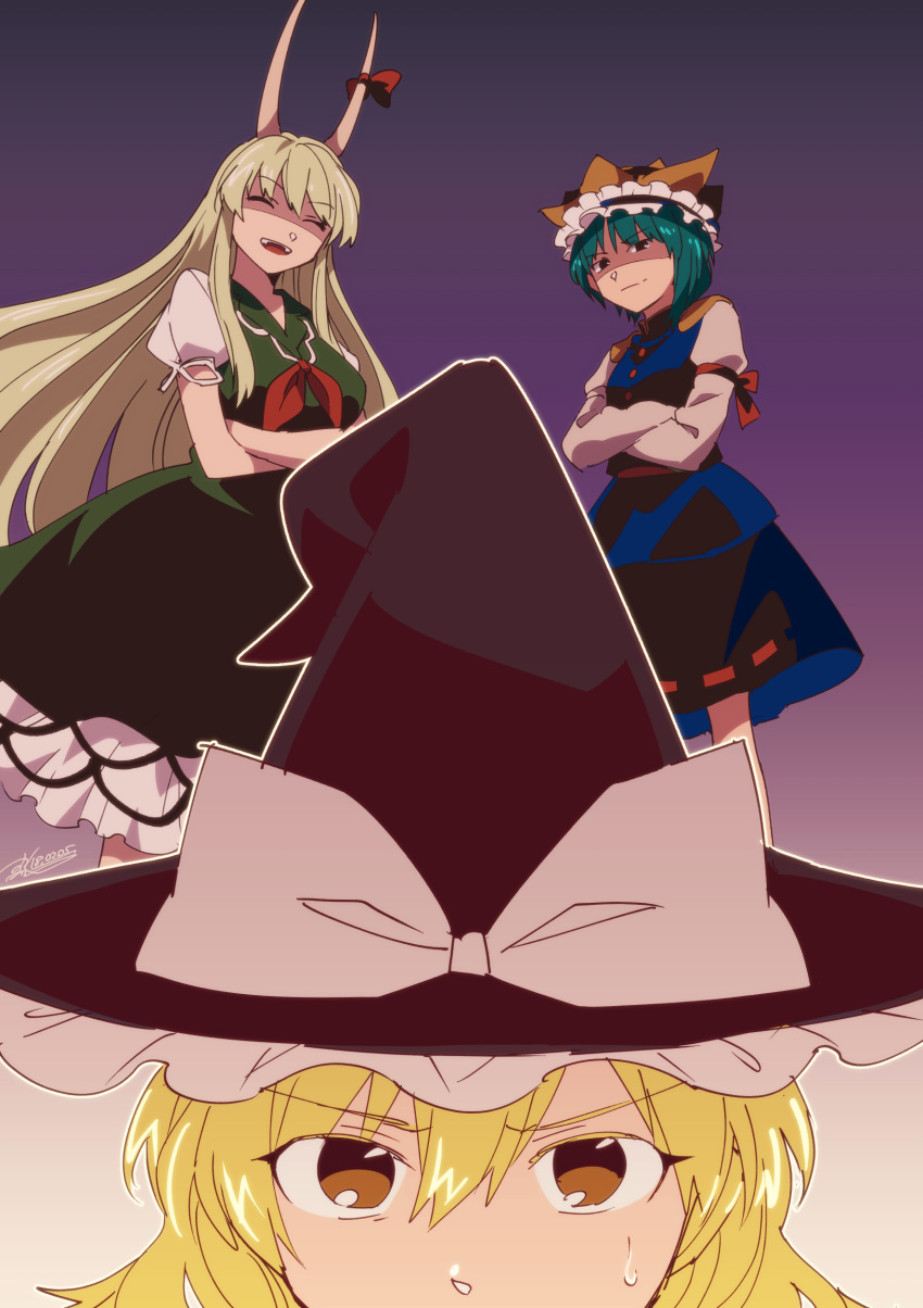 3girls :d ^_^ absurdres aqua_hair black_eyes black_hat blonde_hair blue_skirt bow buttons closed_eyes closed_mouth crossed_arms dress ex-keine green_dress green_hair hat hat_bow highres horn_ribbon horns kamishirasawa_keine kirisame_marisa long_hair long_sleeves multiple_girls neckerchief open_mouth orange_eyes outline puffy_long_sleeves puffy_short_sleeves puffy_sleeves red_neckwear red_ribbon ribbon ribbon-trimmed_clothes ribbon-trimmed_skirt ribbon_trim shiki_eiki shikido_(khf) shirt short_hair short_sleeves skirt skirt_set smile sweatdrop teeth touhou turtleneck white_bow white_outline white_shirt witch_hat