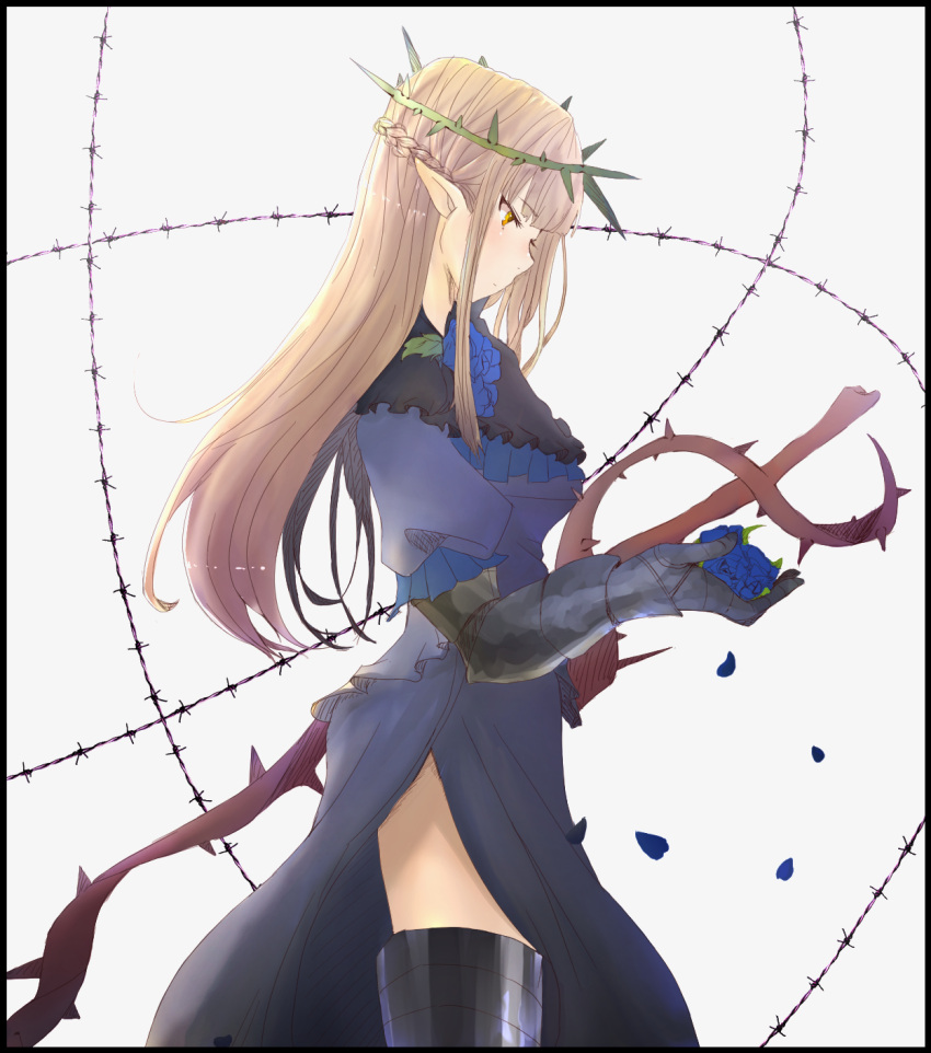 1girl arita_(crusaders_quest) barbed_wire blonde_hair blue_dress blue_flower blue_rose braid brown_eyes crown_braid crown_of_thorns crusaders_quest dress elf flower gauntlets grey_legwear highres light_brown_hair long_hair looking_at_hand nibochi1122 petals pointy_ears profile puffy_sleeves rose simple_background solo standing sword weapon