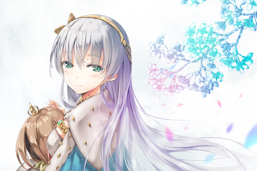 1girl anastasia_(fate/grand_order) bangs blue_eyes blush cape commentary_request crown doll dress eyebrows_visible_through_hair fate/grand_order fate_(series) hairband hellnyaa holding jewelry long_hair looking_at_viewer mini_crown ribbon royal_robe silver_hair solo very_long_hair