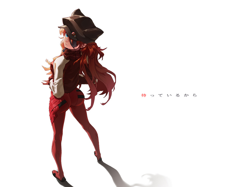 1girl animal_hat ass blue_eyes bodysuit cat_hat closed_mouth commentary_request evangelion:_3.0_you_can_(not)_redo eyepatch hands_in_pockets hat jacket long_hair looking_at_viewer looking_back neon_genesis_evangelion orange_hair plugsuit rebuild_of_evangelion red_bodysuit shadow solo souryuu_asuka_langley standing track_jacket winddale