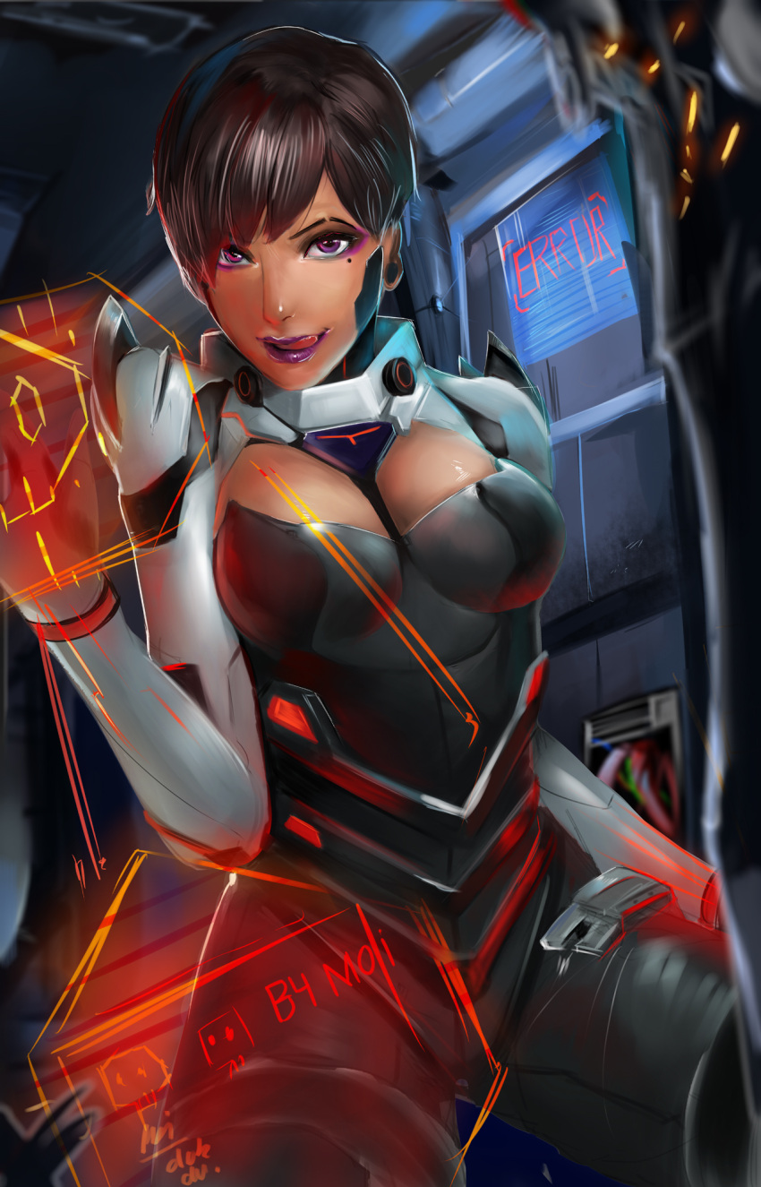 1girl alternate_costume alternate_hair_length alternate_hairstyle bodysuit breasts brown_hair dark_skin eyeshadow highres holographic_monitor licking_lips lipstick makeup medium_breasts moi'dukdum mole mole_under_eye overwatch purple_lipstick short_hair solo sombra_(overwatch) talon_sombra tongue tongue_out violet_eyes