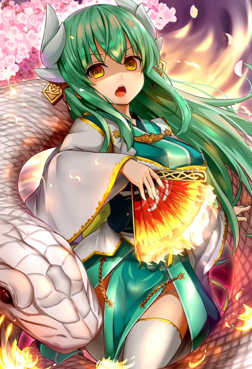 1girl cherry_blossoms earrings eyebrows_visible_through_hair fan fate/grand_order fate_(series) floating_hair green_hair green_kimono hair_between_eyes highres holding holding_fan horns japanese_clothes jewelry kimono kiyohime_(fate/grand_order) long_hair looking_at_viewer obi open_mouth sash shiron_(e1na1e2lu2ne3ru3) snake solo thigh-highs very_long_hair white_legwear yellow_eyes